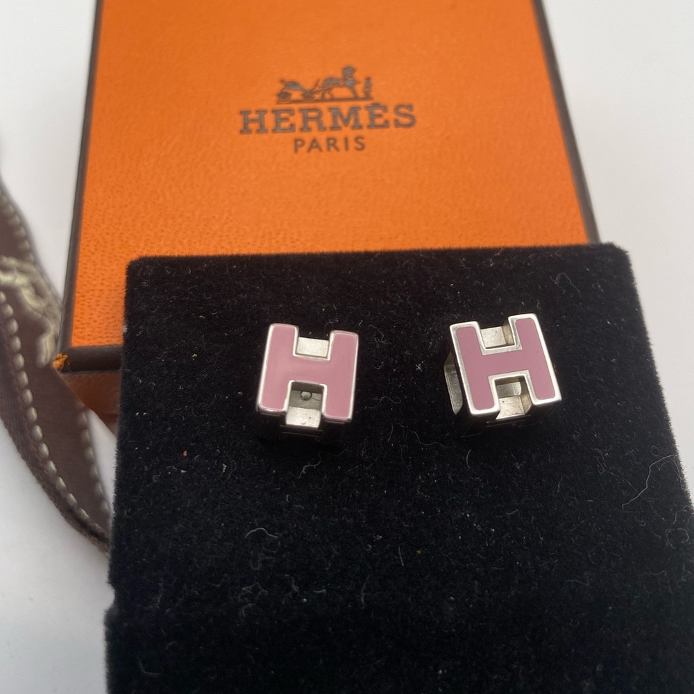 AUTHENTIC Hermes Cage d’H Cube Pink/Silver Earrings w/ Original Box & Ribbon - Picture 13 of 14